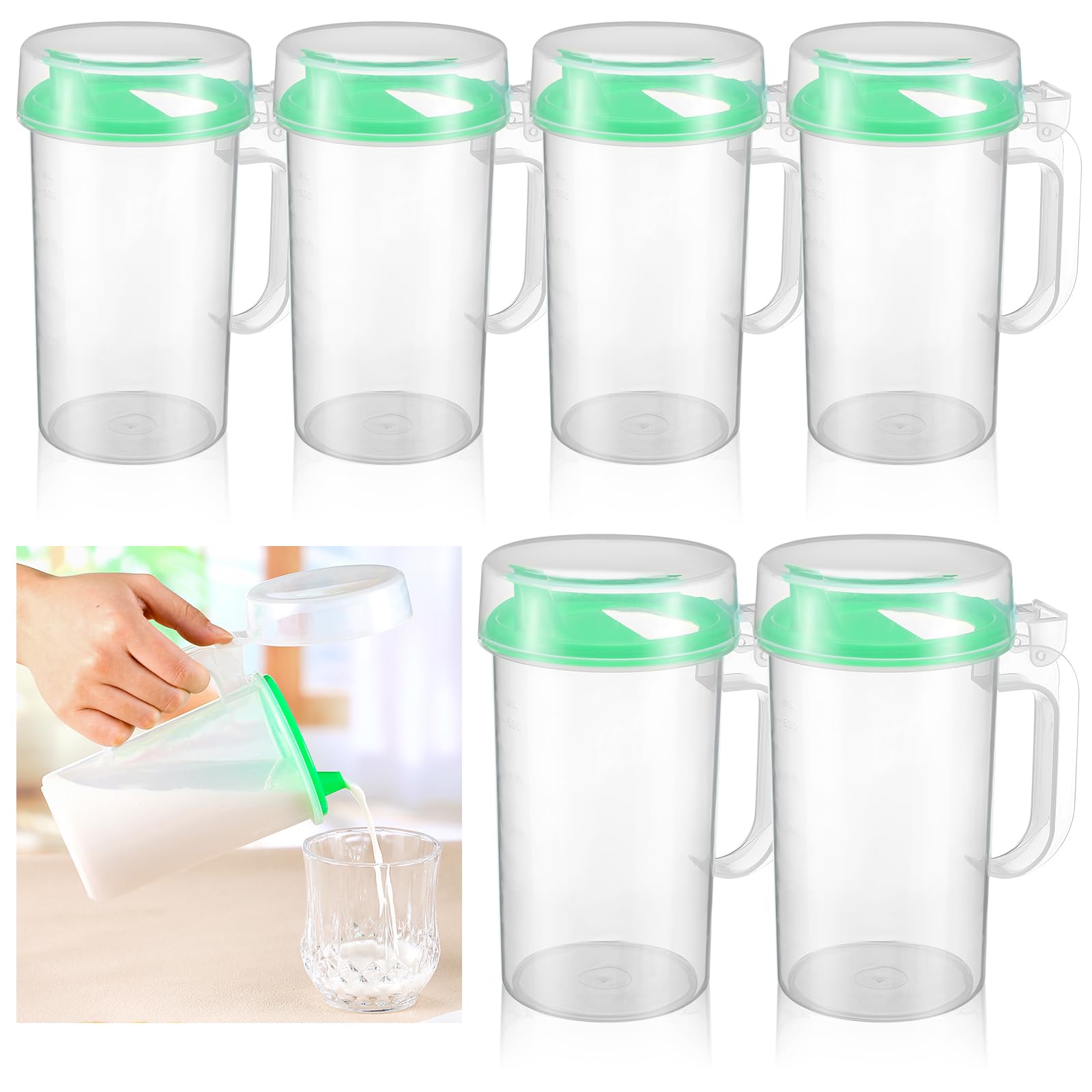 Newtay 6 Pack Early Learning Kids Easy Pouring Mini Pitchers Clear Plastic Pitcher with Lid and Handle Easy Pour Bottles 16 Oz. Jugs with Lids for