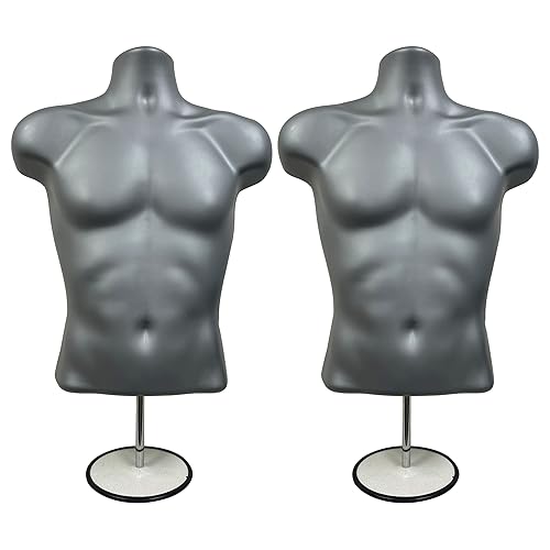 Miniatura 65 de DisplayTown - Maniquí masculino de torso con soporte de metal, cuerpo hueco, apilable, forma para exhibir camisetas, mostrador, ferias de Negro
