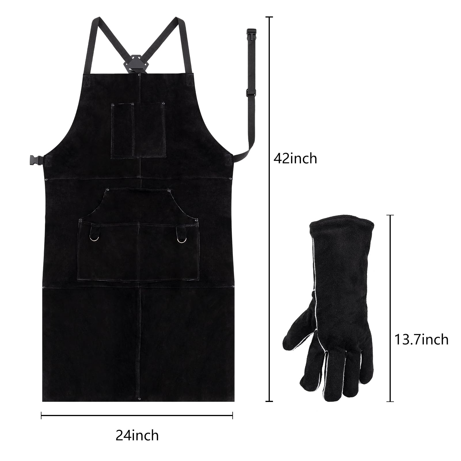 eletecpro Leather Welding Apron & Welding Gloves Heavy Duty Durable - Length 42 Inch 6 Pockets Cowhide Heat Resistant Black