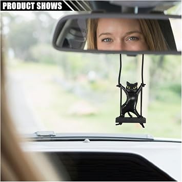 Cute Cat Car Hanging Ornament, Swing Rear View Mirror Charm, Auto Mirror Hanging Decoration, Car Interior Accessories Pendant for Women Men (Black)