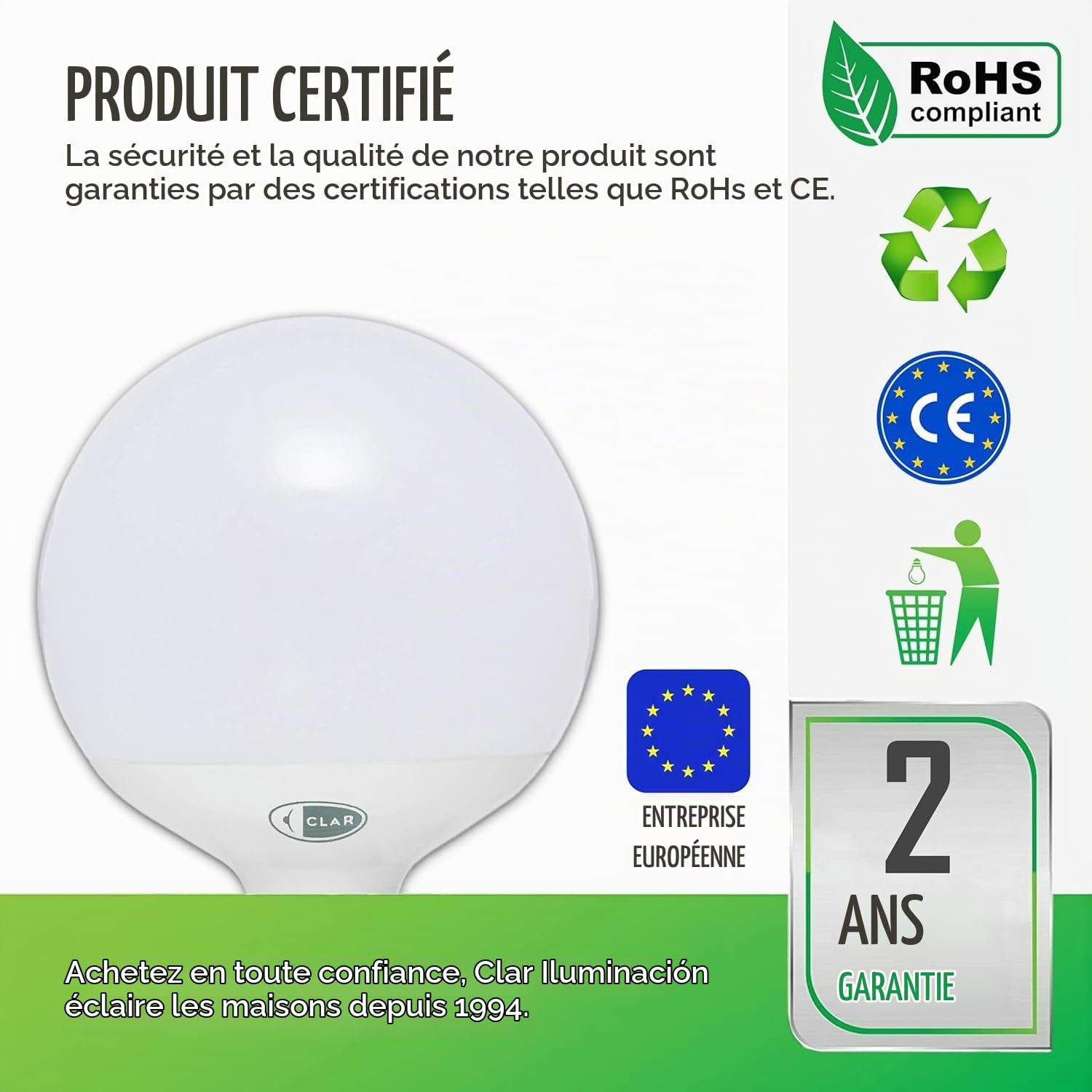 CLAR - Ampoule Globe E27 LED, Ampoule Decorative, Ampoules LED en forme de Globe G95, Not Dimmable, Blanc Chaud 3000ºK 15W (Pack 6)