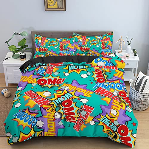 NDXRWDZR Housse de Couette 240x260 cm Adulte Graffitis Cyan Parure de Lit 2 Personnes avec Fermeture Éclair Doux Respirant Microfibre Housse de Couette et 2 Taie d'oreiller 65x65 cm Cover