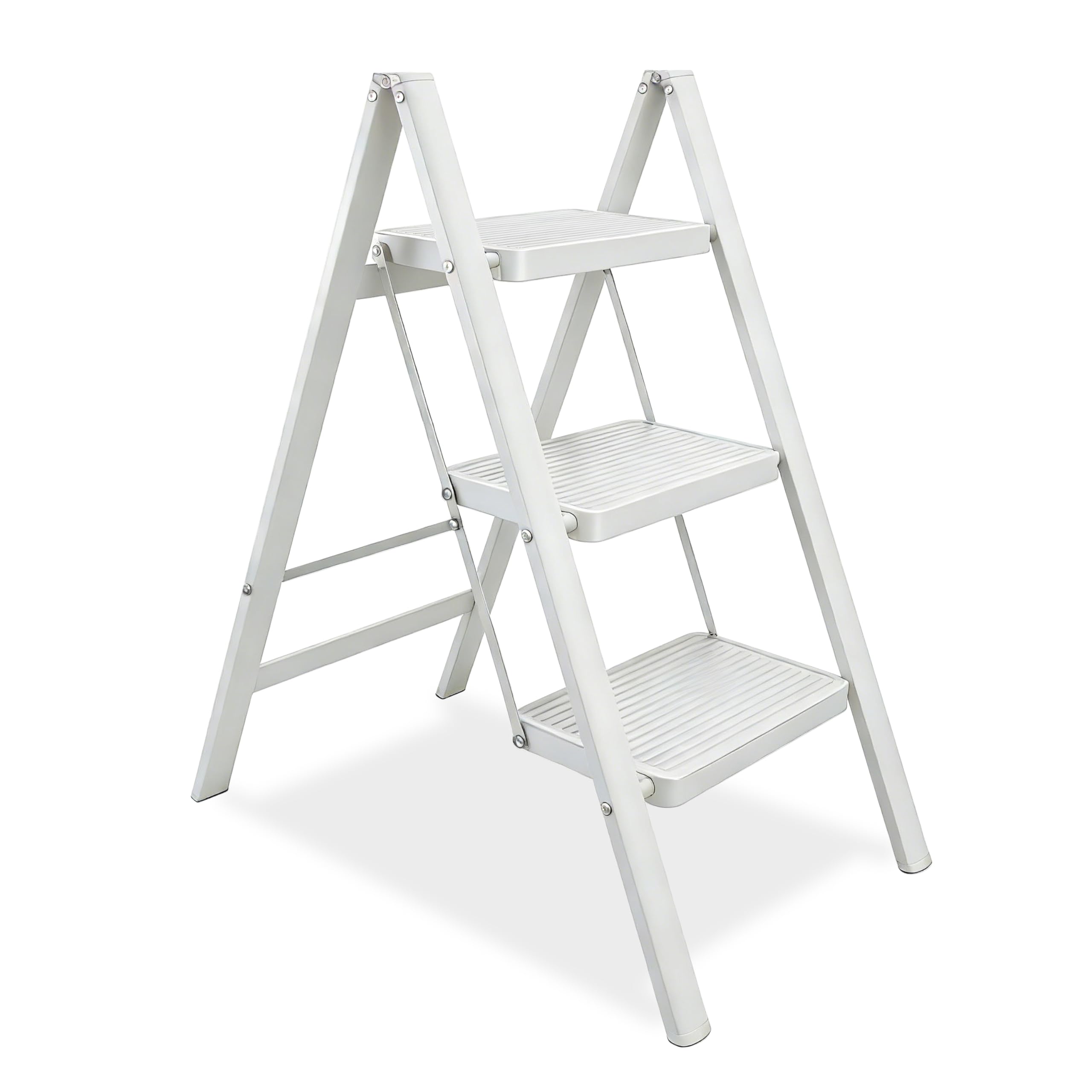 Scaletta Pieghevole 3 Gradini, Portatile e Leggera Sgabello Stabile Leggero con Pedali Antiscivolo per Casa, Cucina, Bagno, Campeggio, Portatile fino a 150 kg (Bianco)