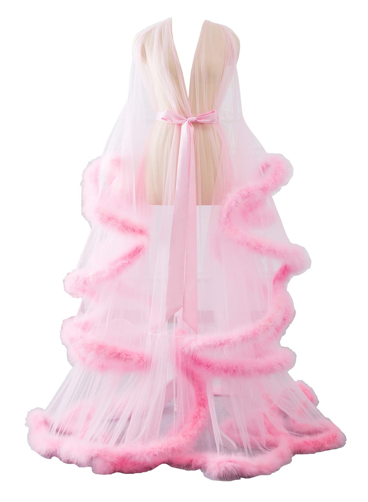 Changuan Sexy Feather Robe Long Fur Tulle Robe Sheer Lingerie Maternity Photoshoot Dress Sleepwear Nightgown Bathrobe: Small-Medium Pink