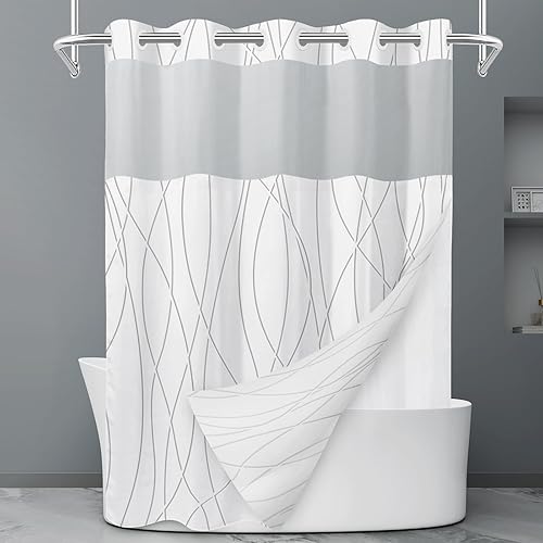 Miniatura 21 de Juego de cortina de ducha larga a rayas gris y blanco degradado sin gancho con forro a presión - Juego de cortina de ducha y forro de hotel