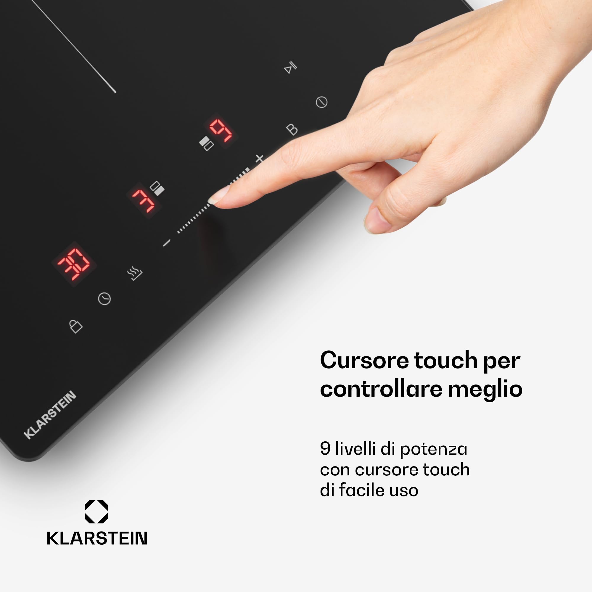 Klarstein PowerGlide Piano Induzione 30cm - 2 Zone, 3500W Boost, Cursore Touch, Timer, Blocco Bambini, Vetroceramica Facile da Pulire - Piastra Induzione Compatta da Incasso, Nero