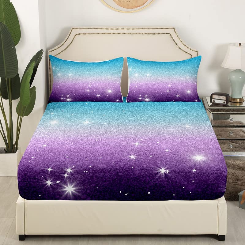 Erosebridal Ombre Bed Sheets Twin Kawaii Galaxy Sequins Bedding Set Purple Blue Tie Dye Fitted Sheet for Kids Girls Teen Women Aesthetics Bedroom Glitter Stars Starlight Fitted Bed Sheet 2 Pcs