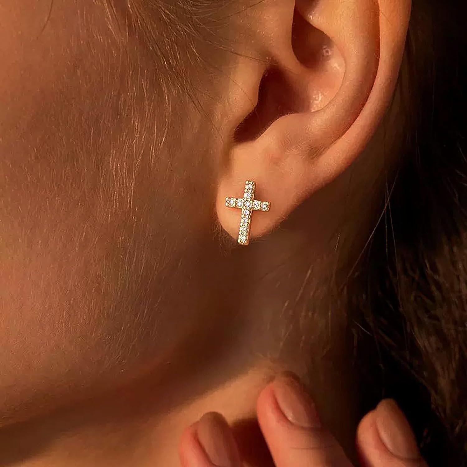 Cross Stud Earrings, Tiny Simple 14K White Gold Plated Small Cubic Zirconia Cross Earrings Stud for Women Men Silver Gold - Image 4