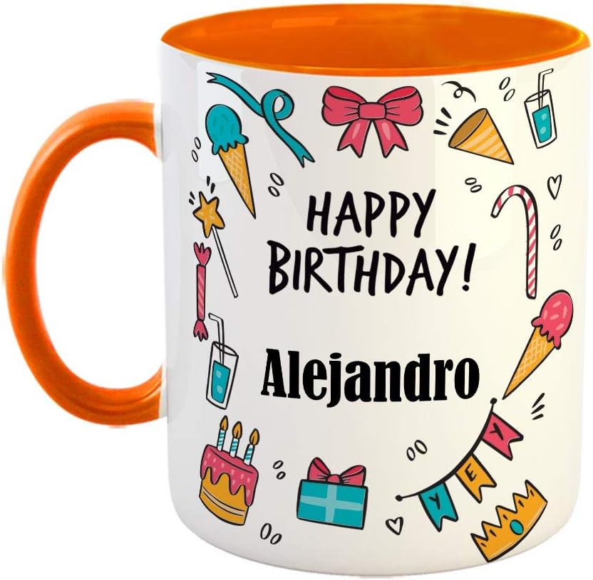 FurnishFantasy Ceramic Coffee Mug - Best Gift for Happy Birthday Mug , Color - Orange, Name - Alejandro