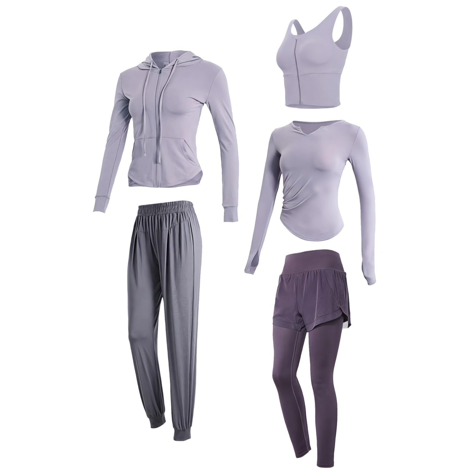 Conjunto de 5 piezas de ropa deportiva para mujer, ropa de yoga con camisetas de manga larga, tela de poliéster y elastano transpirable, se adapta a mujeres de 5 pies 0 pulgadas a 5 pies 11 pulgadas y