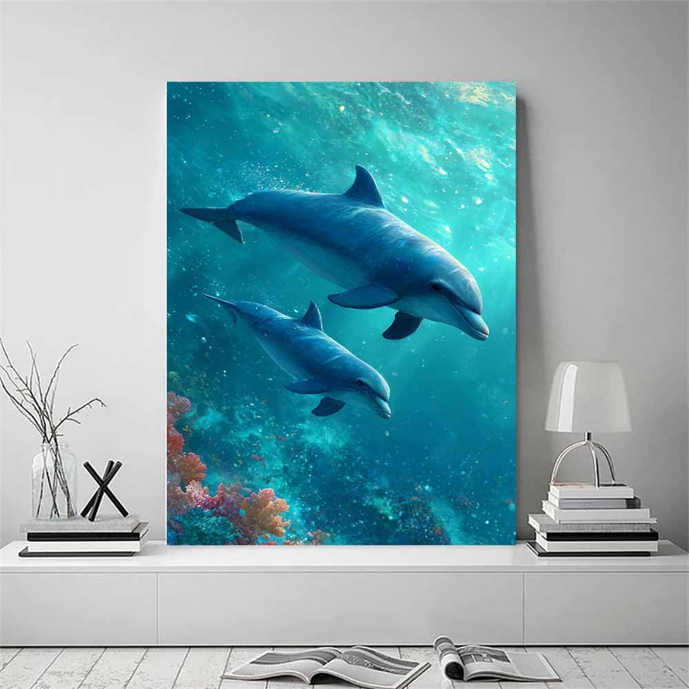 HUYEEI Niebieskie zwierzęta morskie, krajobrazy, niebieski, delfin, cień, pejzaż morski, plakat, natura, nadruk, do salonu, sypialni, łazienki, dekoracja (niebieski 296) - 60 x 90 cm oprawiony