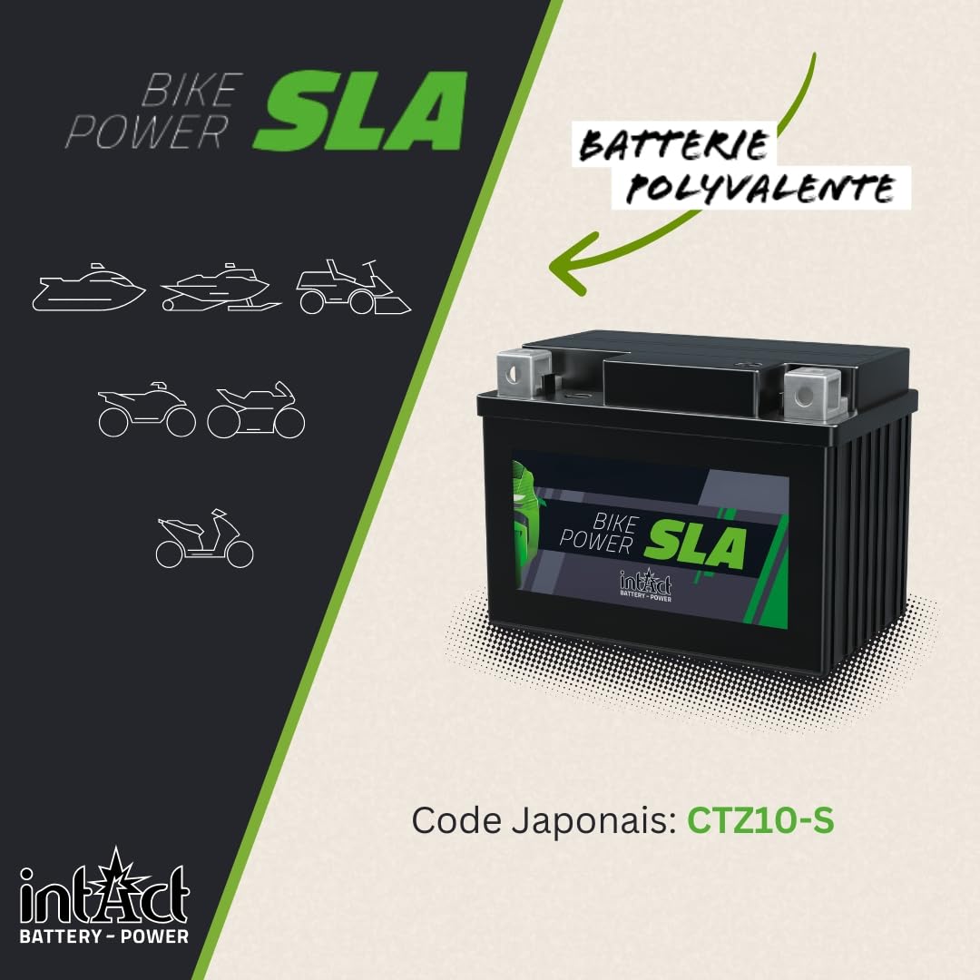 intAct - AGM BATTERIE MOTOCYCLE | Batterie pour scooter, moto, quad, etc. Batterie sans entretien & anti-fuite | SLA12-10Z-S, CTZ10-S, batterie 12V, 8,5 AH (c20), 140 A (EN) | Dim : 150x87x94mm