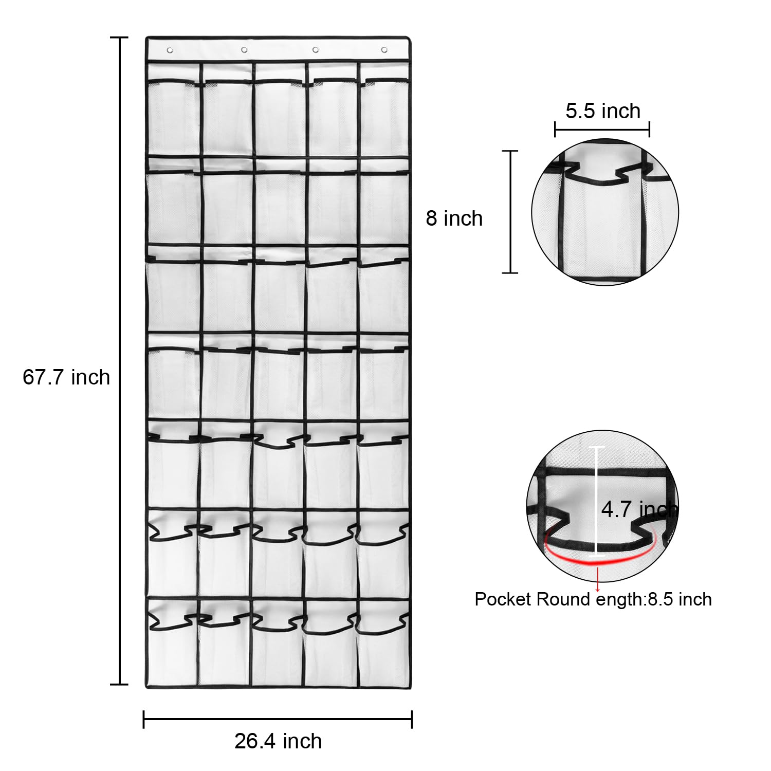 Paquete de 2 35 bolsillos de malla transpirable, organizador de zapatos grande para colgar sobre la puerta, zapatero para almacenamiento de puerta de armario, 8 + 8 ganchos, blanco (67.7 x
