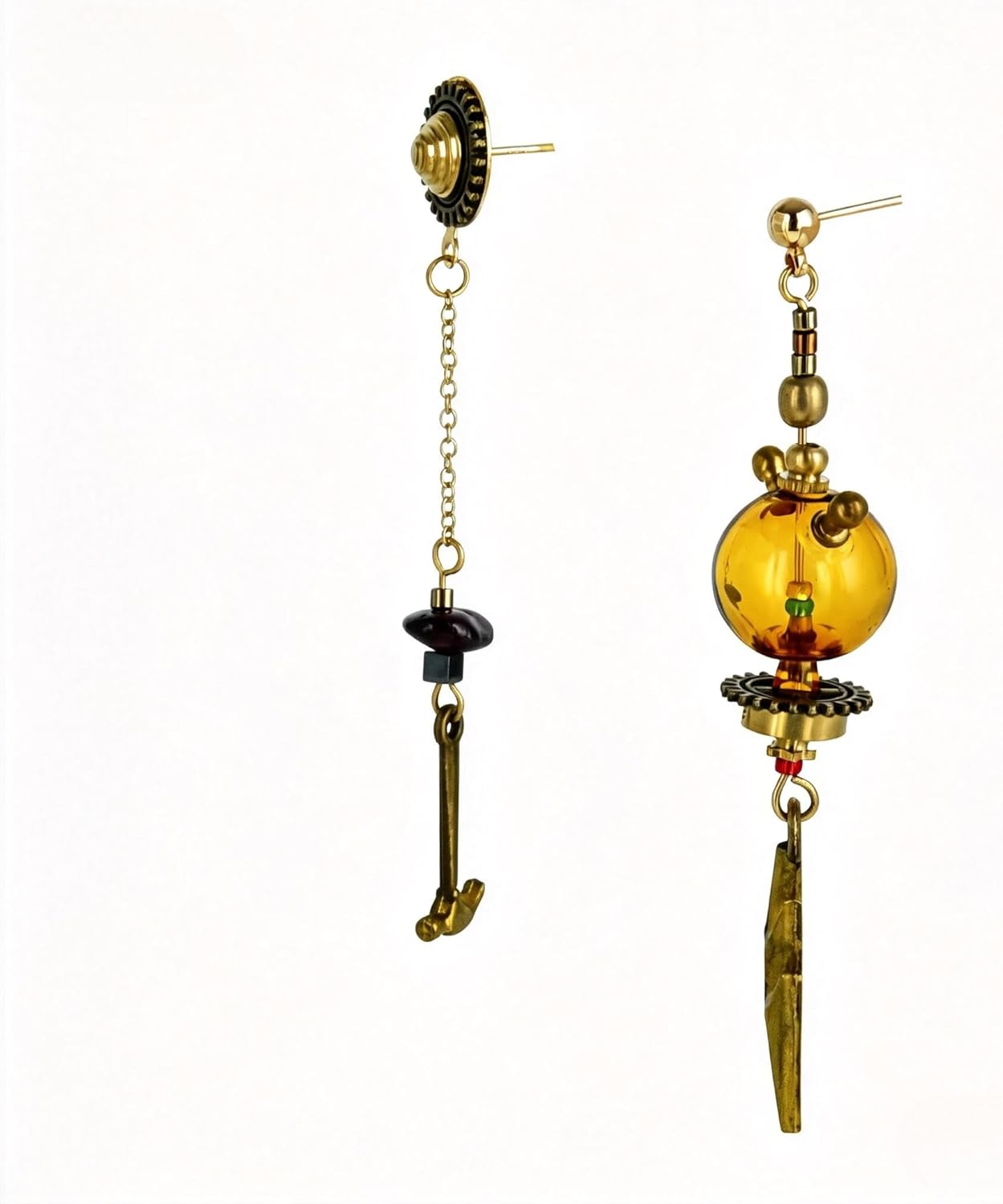 Mismatched Steampunk Gear Lightning Bolt Earrings, Industrial Brass Dangle Jewelry for Women, Unique Science Gift
