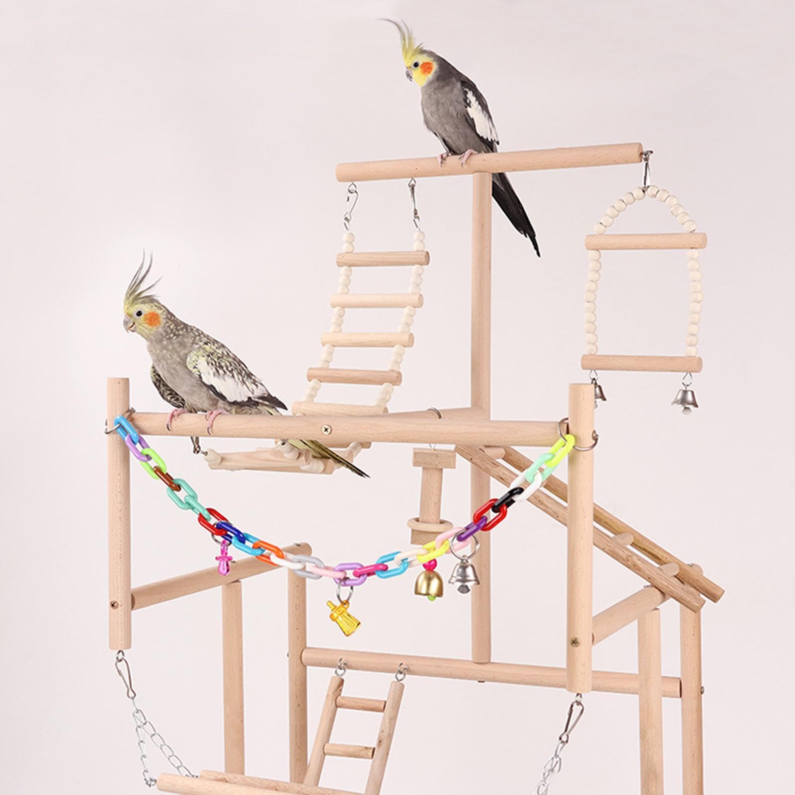 Puesto de Juego para pájaros, Percha de para Madera, Gimnasio con Escalera y Columpio para Escalar, Juguetes para Loros, Espacio de Aventura para Juegos, Ejercicio para