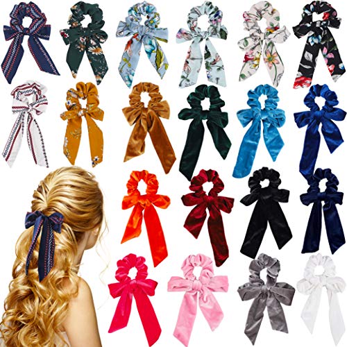 WATINC 20 Pcs Bowknot Hair Scrunchies Chiffon Floral & Velvet Scarf Hair Ties with Solid Colors Elastic Hair Bows for Ponytail Holder 2 in 1 Vintage Hair Accessories Ropes Scrunchy for Women