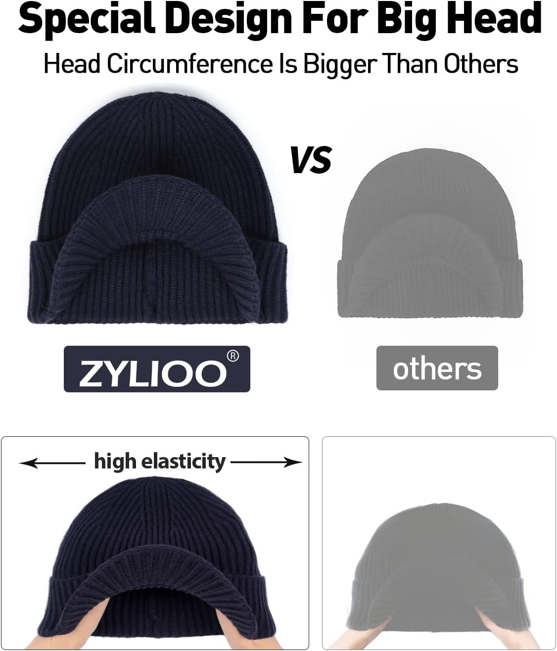 Zylioo Oversize Beanie Hats, XXL Big Size Ribbed Knit Cuffed Winter Hat for Cold Weather, Warm Skull Watch Cap