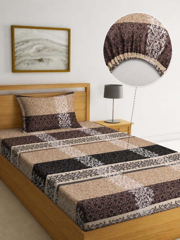 Image of la' amour 240 TC Cotton Fitted Single Bedsheet with 1 Pillow Cover | Elastic Bed Sheet | Soft Breathable Skin-Friendly Fabric | All Season Comfort | 36 x 72 + 6 Inches Cocoa Elegance