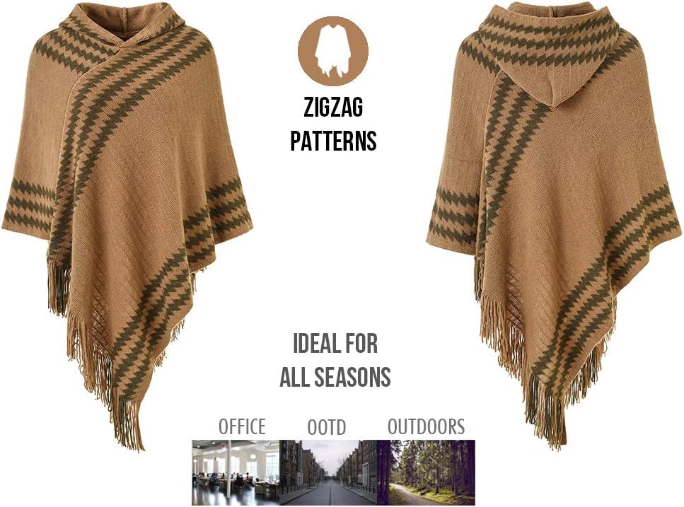 Ferand Women's Cozy Zigzag Poncho Sweater Lightweight Fringe Cape Cloak with Hood - Image 4