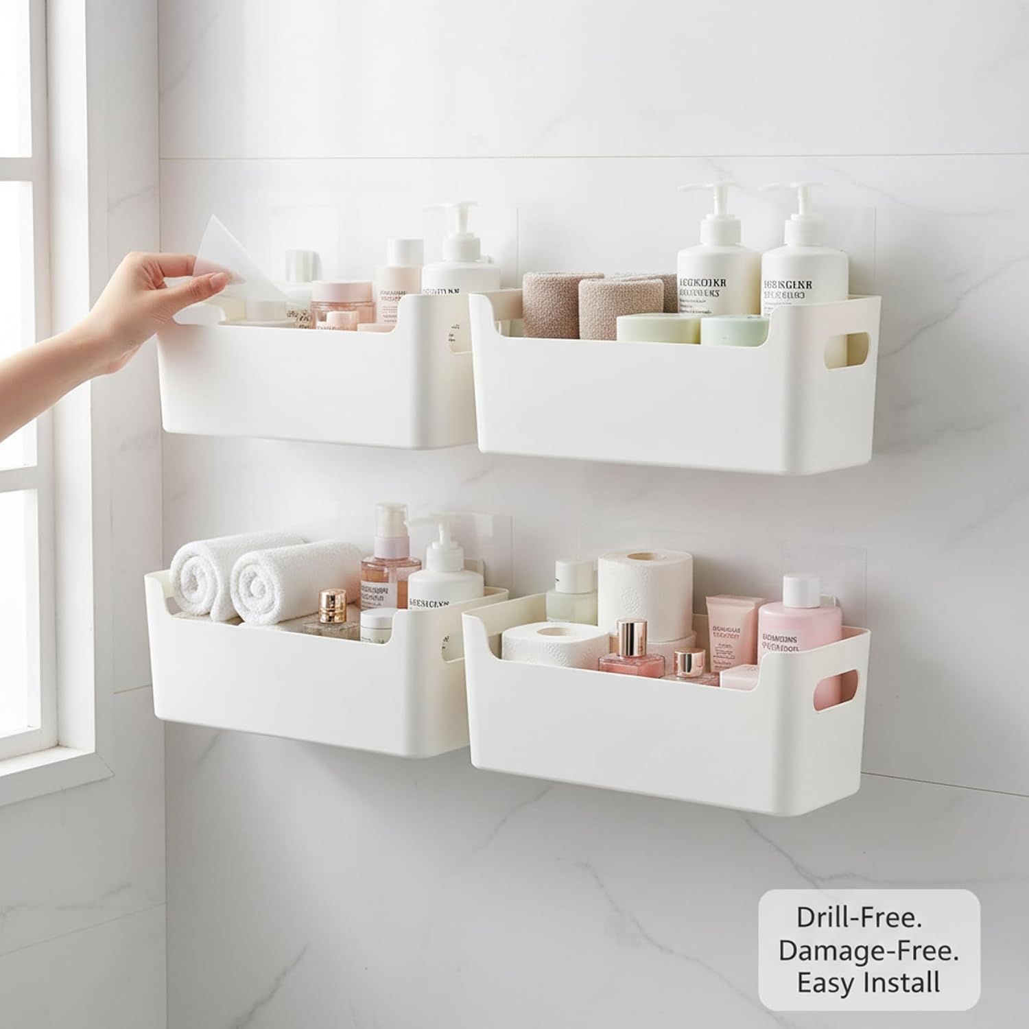 Cabinet Door Basket, No Drill Cabinet Door Organizer with Adhesive, 4 Pack Space Saving Storage Box for Kitchen Bathroom, White..