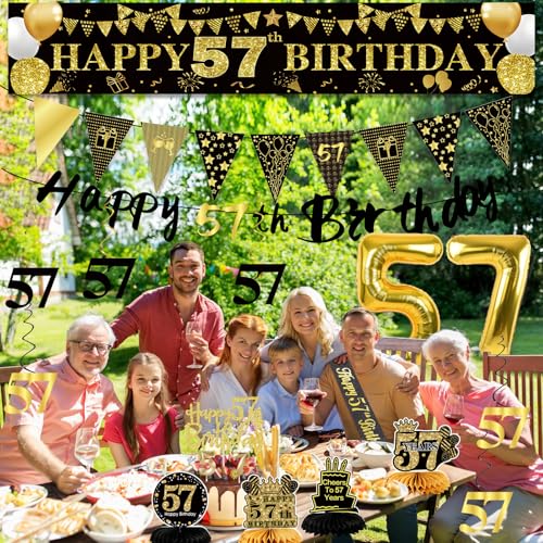 Image of 57th Birthday Decorations for Men, Black Gold 57th Party Decoration Kits | 27pcs Happy 57th Birthday Set, Banner, Honeycomb, Balloons, Gold Number, Candle, Hanging Swirls, Cake Topper, Party Supplies