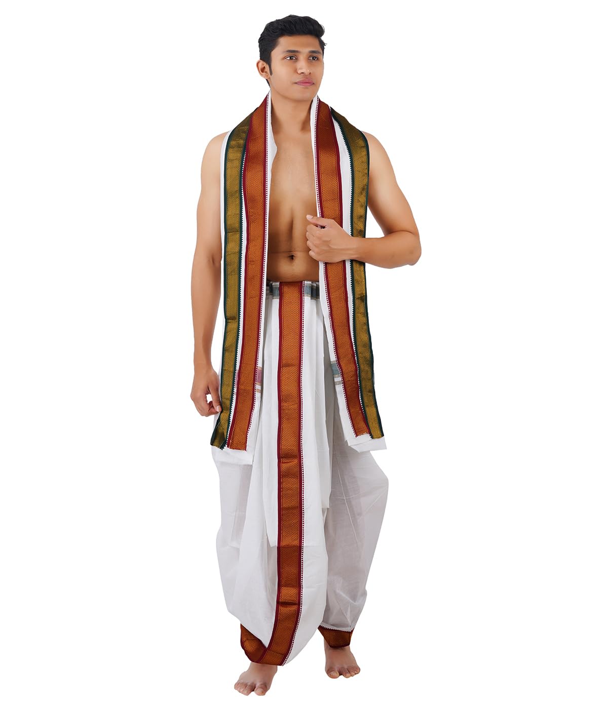 9 X 5 White Panchakacham Dhoti for Men with Angavastram | Unstitched Traditional South Indian Veshti Set | White Colour Cotton Dhoti with Towel Set | Premium Wedding Festival Ethnic Wear-picture-14