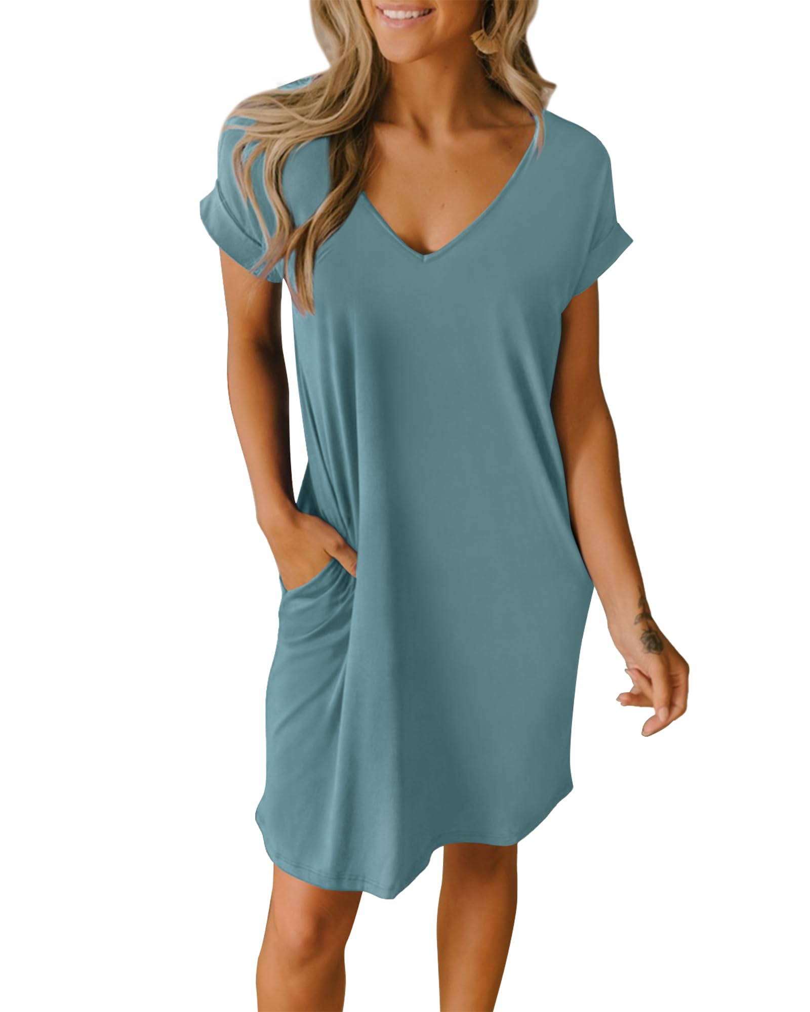 BTFBM Womens Summer Dresses 2026 Pockets Short Sleeve Loose Nightgowns Pajama Beach Vacation Casual Spring T Shirt Dress