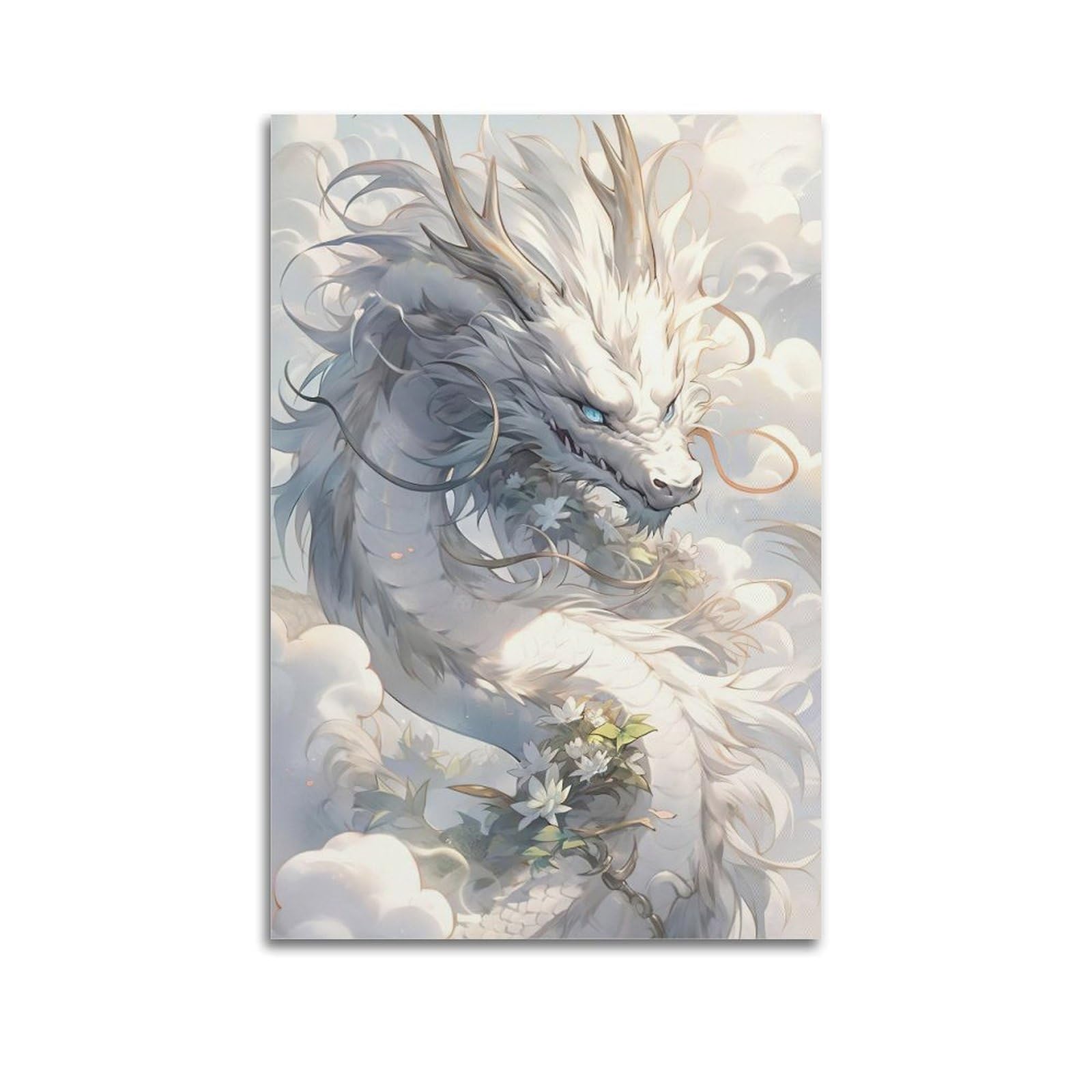 Xmuxcy Unframe-Style Bedroom Wall Decoration Canvas Posters-Fantasy Poster White Dragon In Clouds Mythical And Majestic Painting 08X12inch(20X30cm)