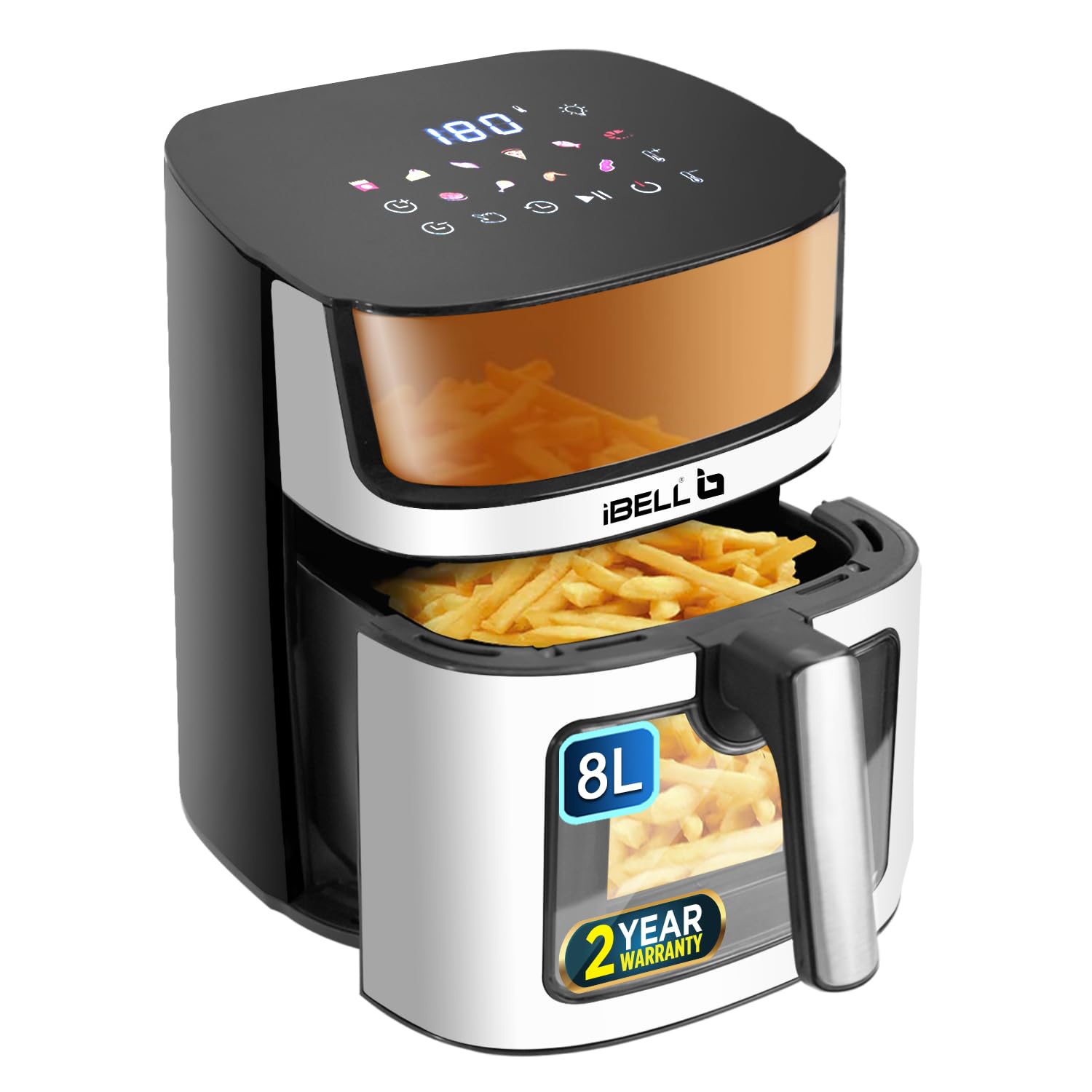 iBELL AF800M Air Fryer 8 Litre, 1800W, Feather Touch, Detachable Fryer Basket, Smart Rapid Air Technology, Anti- Skid Rubber Feet, Adjustable Temperature Control (Silver)