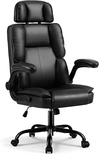 Cómoda silla de oficina con reposacabezas ajustable, silla de escritorio ejecutiva de cuero con soporte lumbar, función mecedora, silla ergonómica