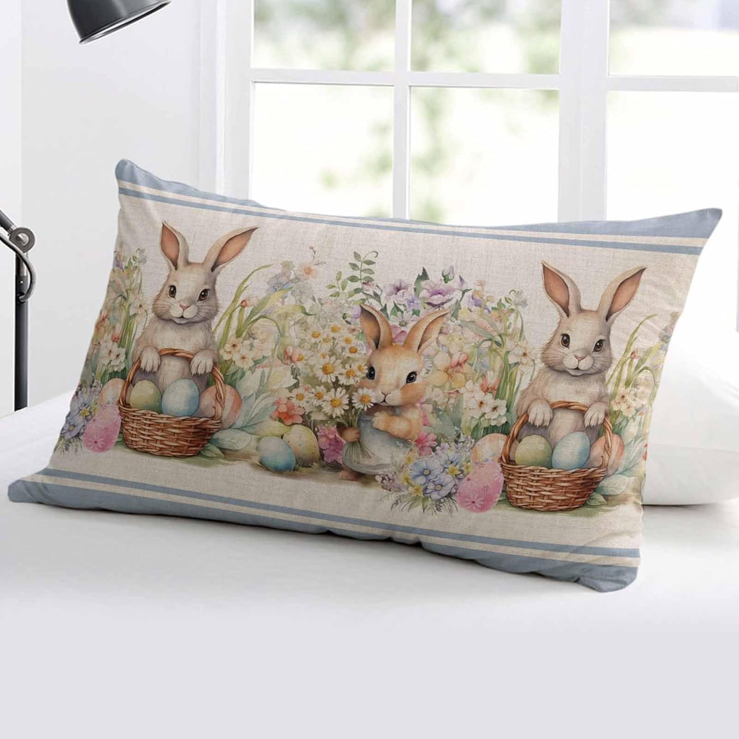 Pillow Covers 24x36 Inch - Body Easter Bunny Colorful Eggs Watercolor Flowers Blue Stripes Soft Brushed Microfiber Pillowcases with Hidden Zipper Closure Bed Pillow Shams for Bedroom Sofa Car, 1pcs