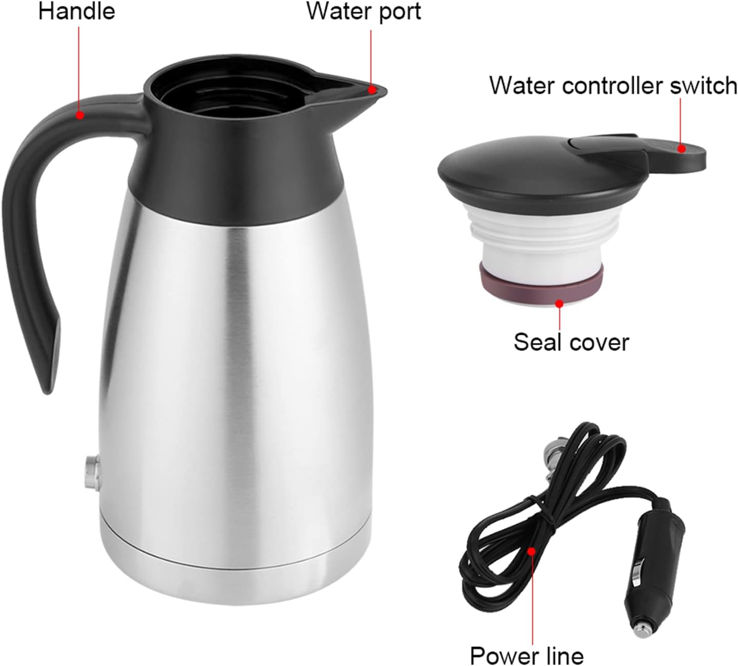 12V Electric Car Kettle,1000ml Stainless Steel Car Automobile Electric Heating Kettle DC 12V Cigarette Lighter Portable Electric Kettle Pot Heated Water Cup for Hot Water, Coffee, Tea