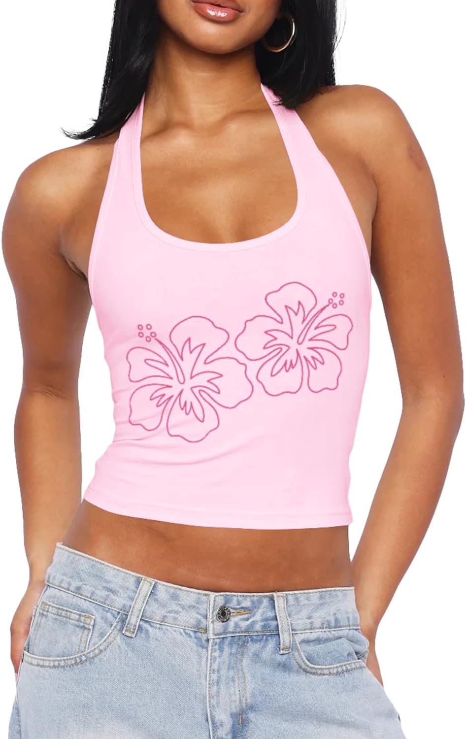 Cioatin Women Y2K Cute Floral Graphic Print Tie Up Halter Crop Tops Sleeveless Scoop Neck Slim Fit Cami Backless Tank Summer