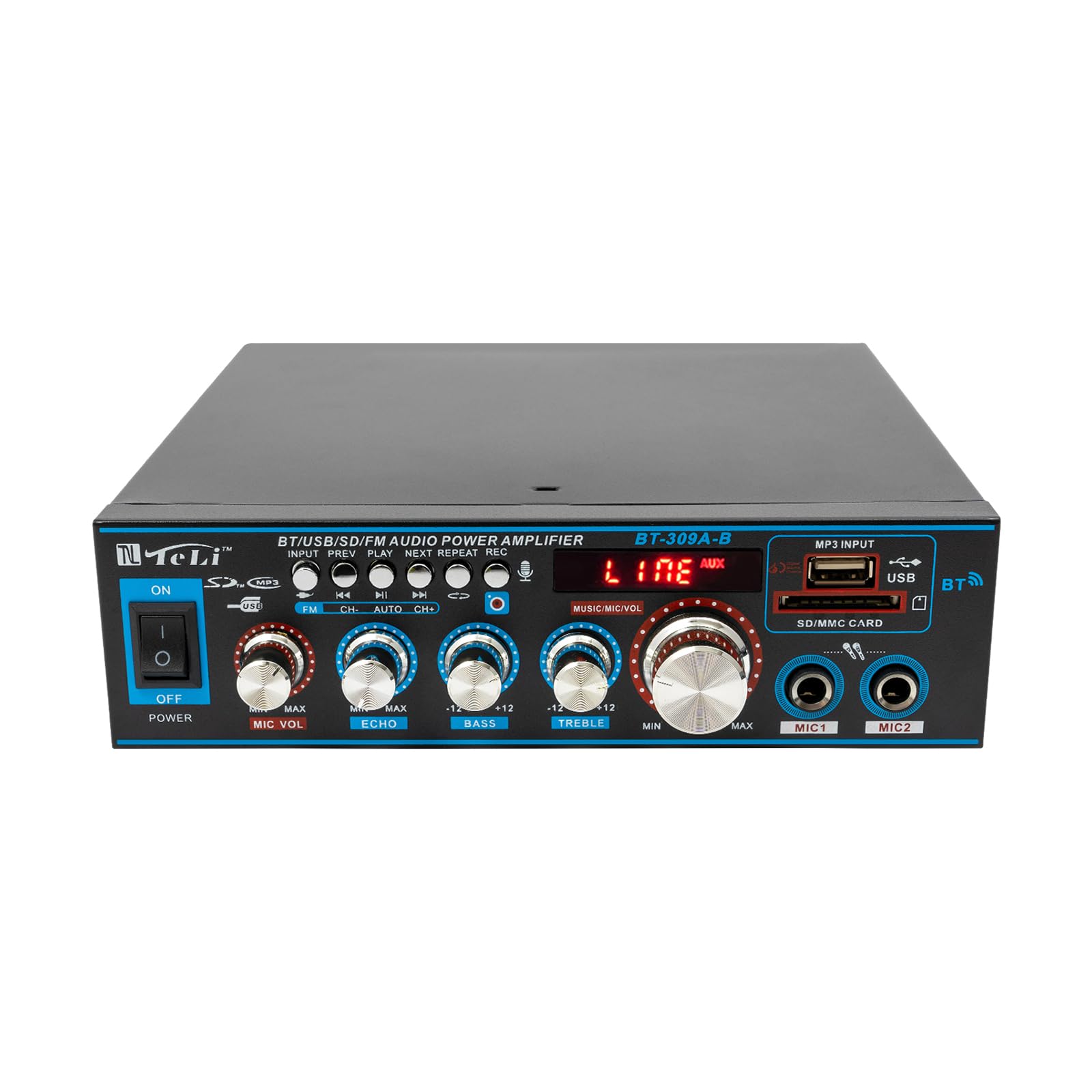 Wzmacniacz HiFi Bluetooth Stereo Radio Amplifier Mini HiFi FM odbiornik z pilotem zdalnego sterowania, pełny wzmacniacz, 2 kanały 400 W AC 220 V / DC 12 V, dwa przyłącza mikrofonowe CR2052,