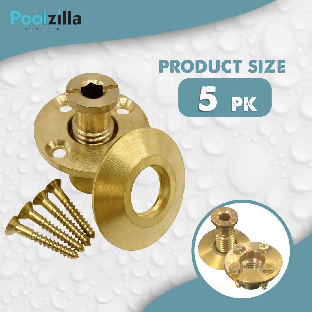 Pool Safety Cover Brass Anchor with Collar for Wood Decks - 5 Pack - Universal Fit
