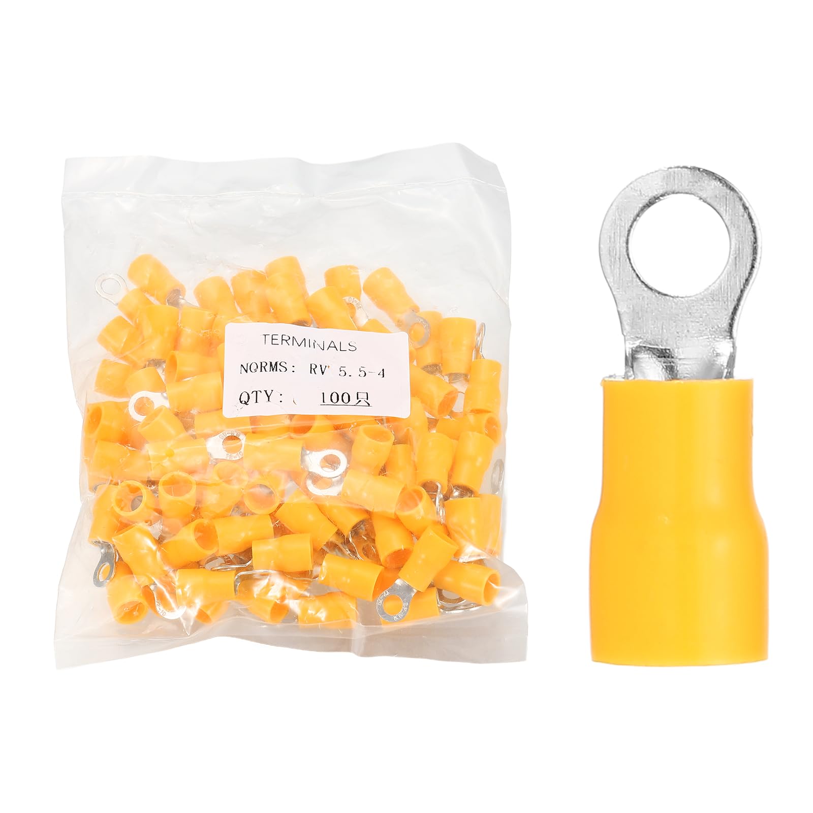 sourcing map 100pcs Terminals Ring Connectors #8" Tinned Copper Insulated Ring Crimp Terminals 12-10 Gauge for Electrical Industrial Chemical Project, Yellow