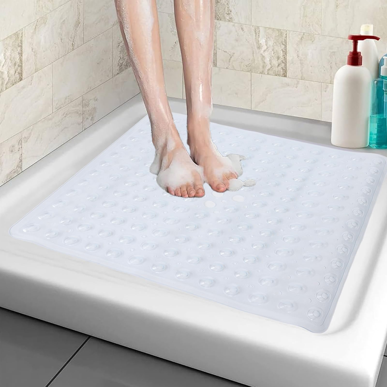 Square Shower Mat Non Slip Anti Mould, 53 x 53cm Non Slip Shower Mats for Inside Shower with Strong Suction Cups & Drain Holes, Machine Washable (Clear)