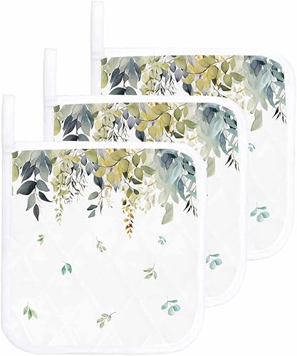 Miniatura 1 de 3 Packs Eucalyptus Leaf Pot Holders Sets for Kitchen,Oven Pan Plate Bowl Pads Heat Proof Mat with Hanging Loop,Terry Cloth Potholders Soft Grip for