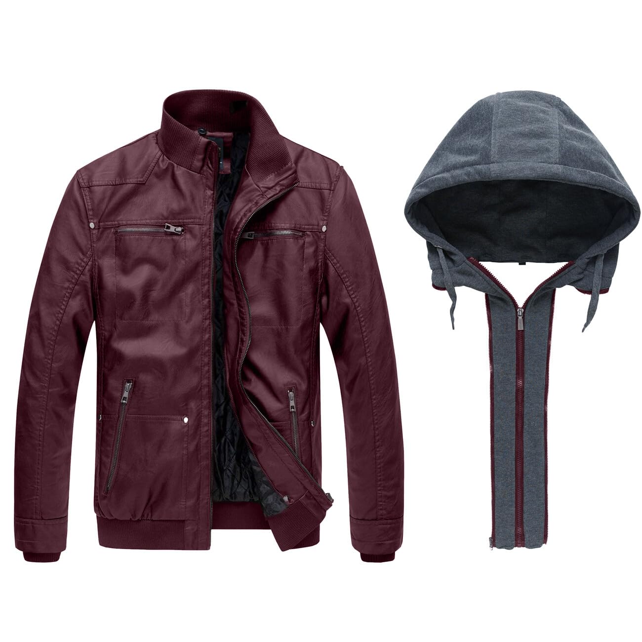 Wantdo Giacca in Pelle da Uomo Giubbotto con Cappuccio Rimovibile da Lavoro Mezza Stagione Primavera Antivento Antipioggia Giacca da Moto Casual
