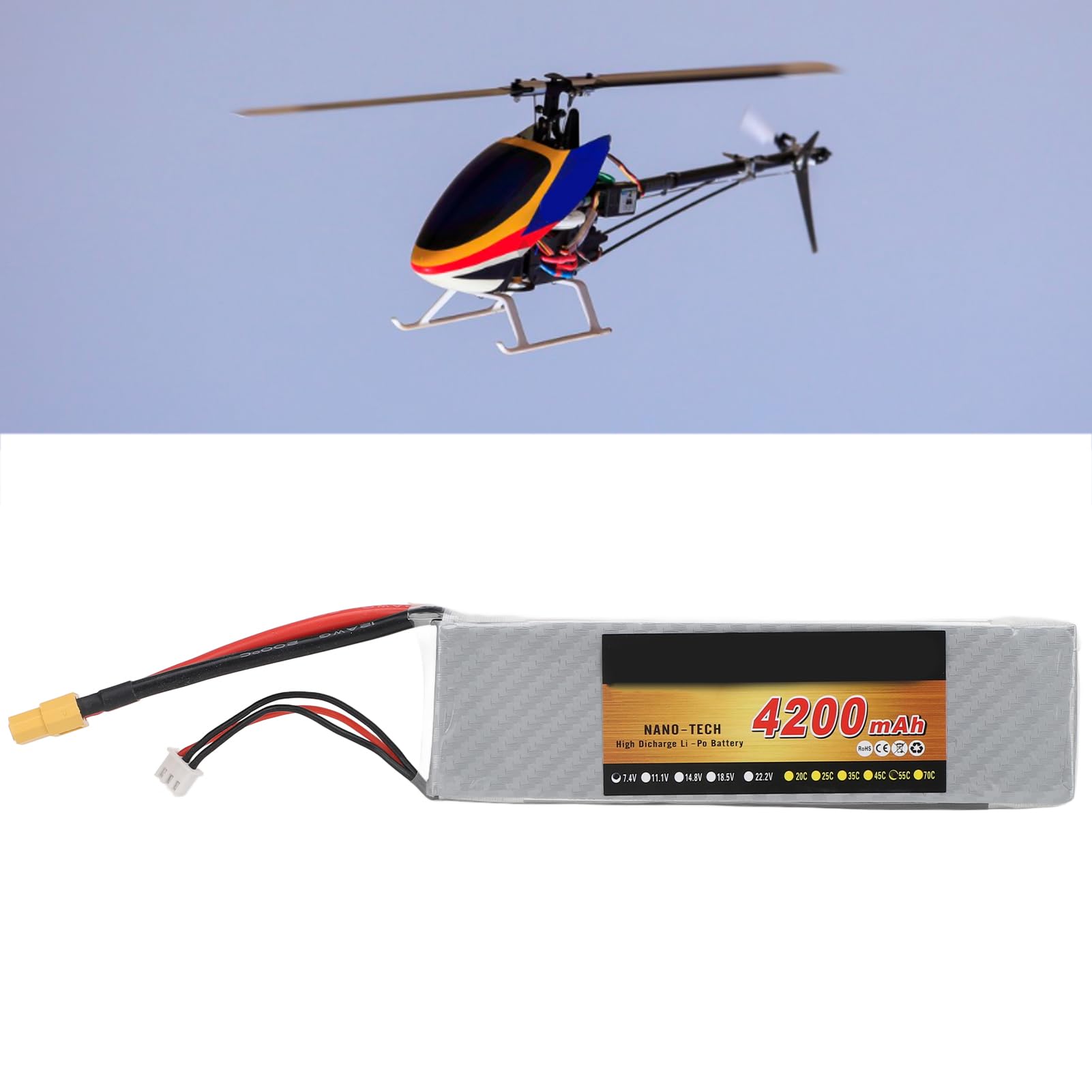Batteria al litio RC, realizzata con custodia rigida, 7,4 V 2S 4200 MAH 55 C Lipo Batteria per RC Auto Aereo Elicottero Drone Usw