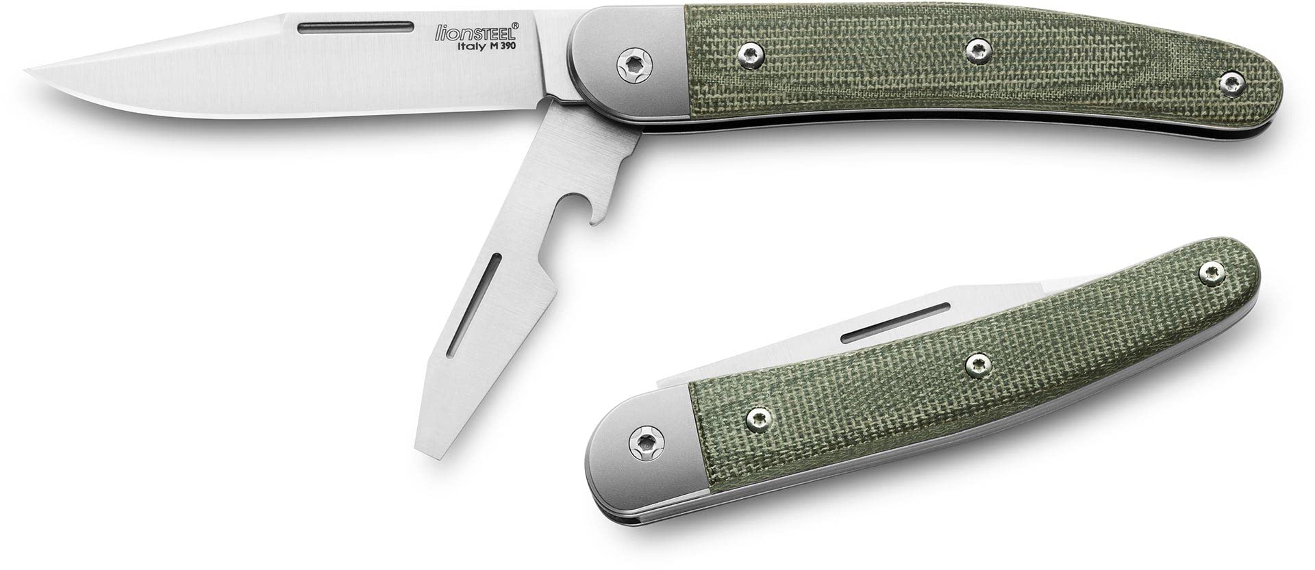 Lion Steel Jack JK2 CVG Knife M390 Stainless Steel/Titanium/Green Canvas Micarta Pocket Knives