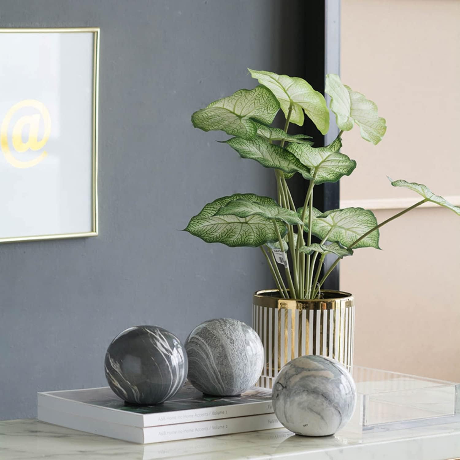 A&B Home Tan Marble Balls Set of 3 - Home Decor Beige Marble Orbs, Decorative Orbs for Tabletop Decor, Flat Base for Non - Rolling Decor Sphere, 3 Piece Set for Centerpiece Bowl, 4" x 4" x 4"