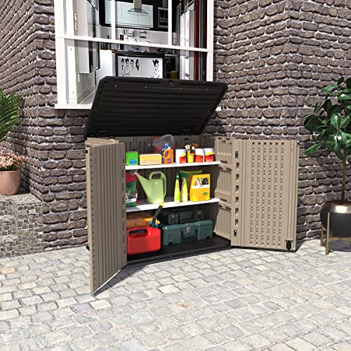 Image of KINYING Outdoor Storage Shed - Horizontal Storage Box Waterproof for Garden, Patios, Backyards, Multi-Opening Door for Easy Storage of Garbage Cans, Tools, Lawn Mower, 26 Cubic Feet,Brown