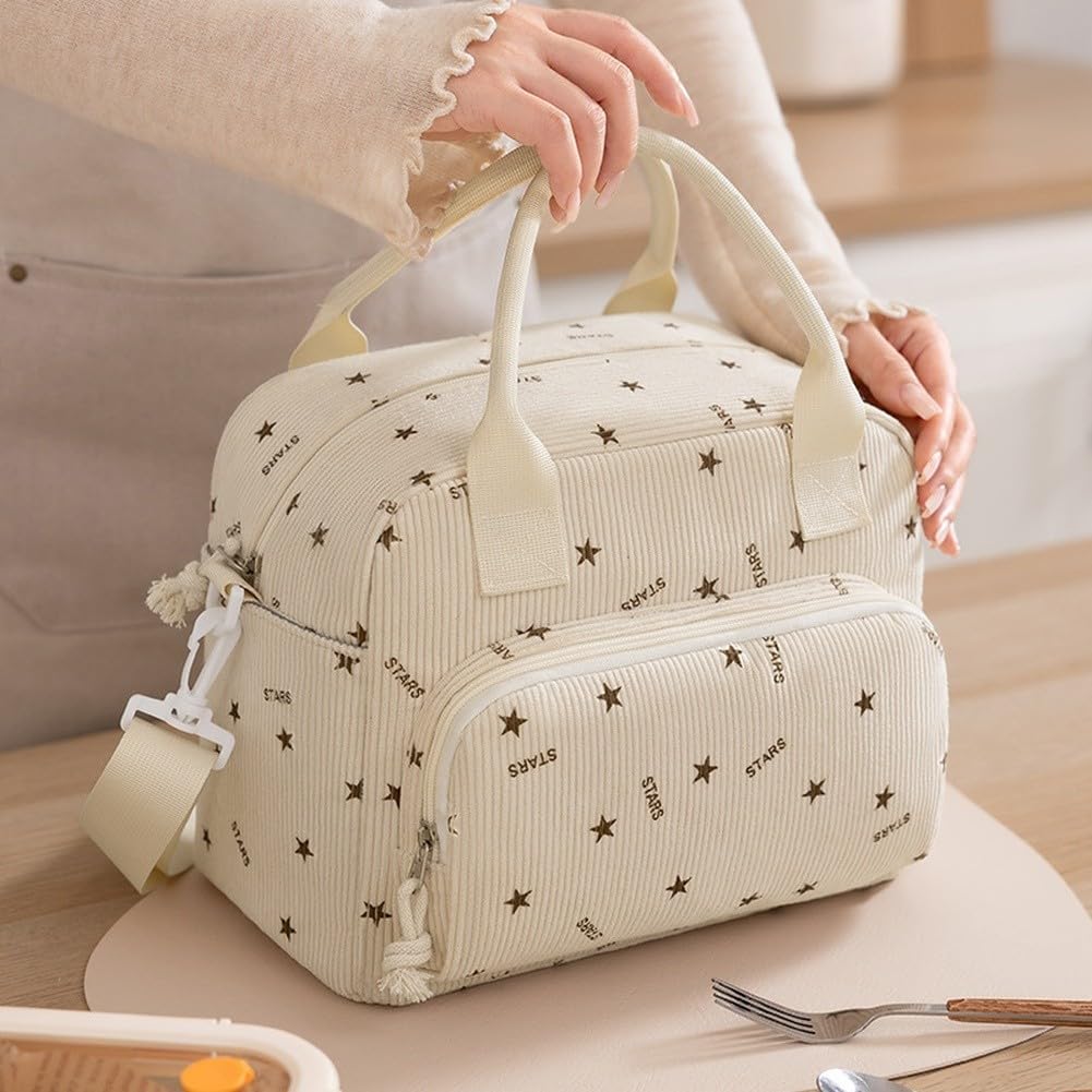 Bolsa Térmica Grande 9.5L Aislamiento Cuádruple Lonchera Impermeable Corduroy Para Oficina Playa Viaje 28x16x21cm(Star)
