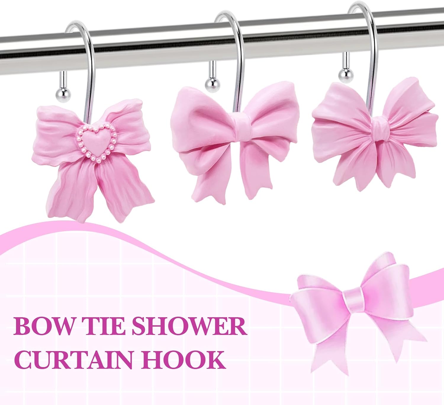 Decorative Shower Curtain Hooks,12PCS Bow Knot Hooks,Pink 3-Design