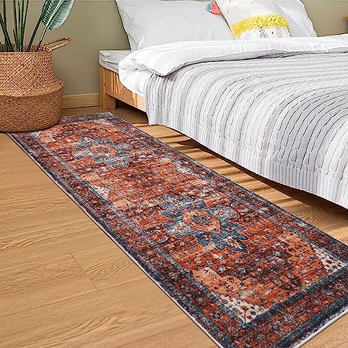Shacos Hallway Runner Rug 2’X6’ Distressed Medallion Rug Runner Faux Wool Washable Carpet Indoor Soft Runner Rugs Vintage Rug Non Skid Entryway Rug Bathroom Bedroom Kitchen Runners, Rusty Red #TOP6