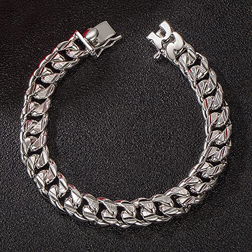 Meilanduo 925 Sterling Silver Carved Miami Cuban Link Chain Bracelet, 10Mm Curb Cuban Solid Thick Big Link Bracelet, 7" 7.5" 8" 8.5" 9" 9.5" 10" For Men Boys (Silver-Tone, 8.5") #TOP4