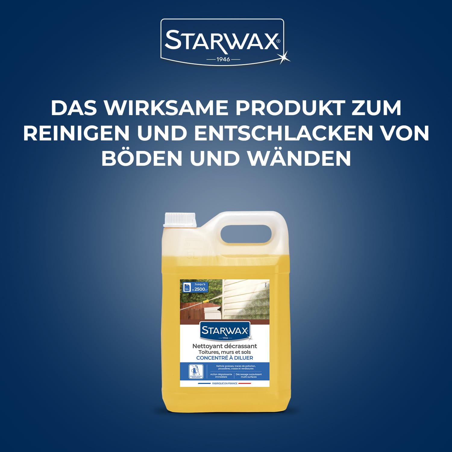 STARWAX – Limpiador de techos, Paredes y Suelos – Concentrado para diluir – Limpia Las Grasas, Las Huellas – Removedor multisuperficies – Fabricado en Francia – 5L = hasta 2500 m2 | Potente fórmula para desarmar sin esfuerzo, compatible con lavadora a pre