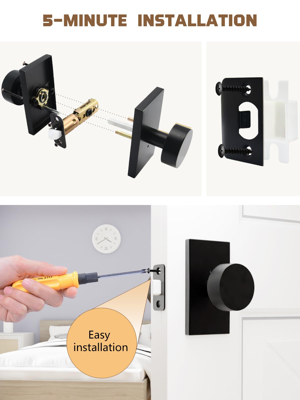 Orger Matte Black Privacy Door Knob With Lock - Zinc Alloy, Adjustable Latch (1 Pack)