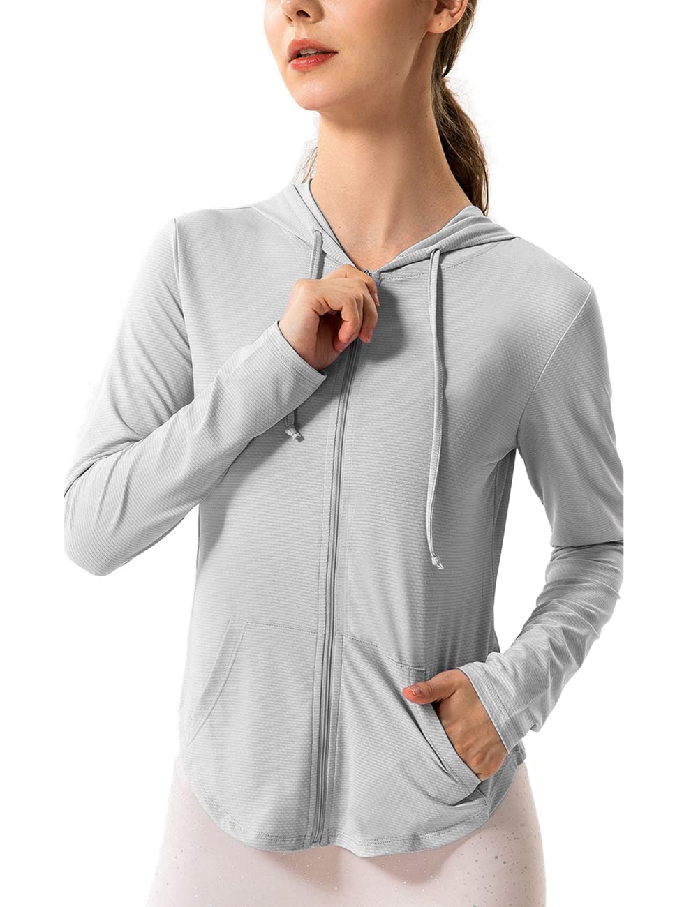 Hanyomo Mujeres Manga larga UPF 50 + protector solar Chaquetas deportivas Capucha Camiseta de fitness Bolsillo Yoga Cremallera completa Jacket — view 6